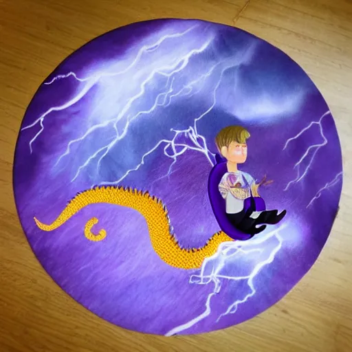 Prompt: super - detailed justin bieber riding a purple dragon in a storm, ultrarealistic, highly detailed, soft colors