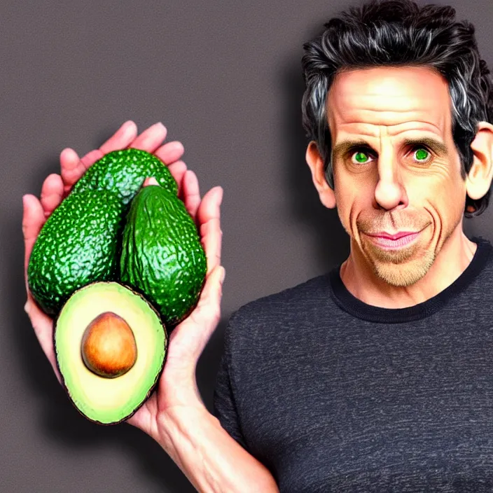 Image similar to ultra realistic illustration of ben stiller in the shape of an a ocado, in the lotus position meditating with closed eyes, balancing stack of avocado