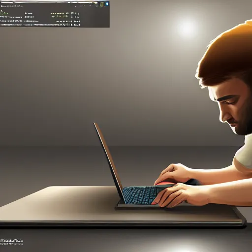 Image similar to realistic man using laptop in super tech room, artstation trends, concept art, highly detailed, intricate, sharp focus, digital art, 8 k