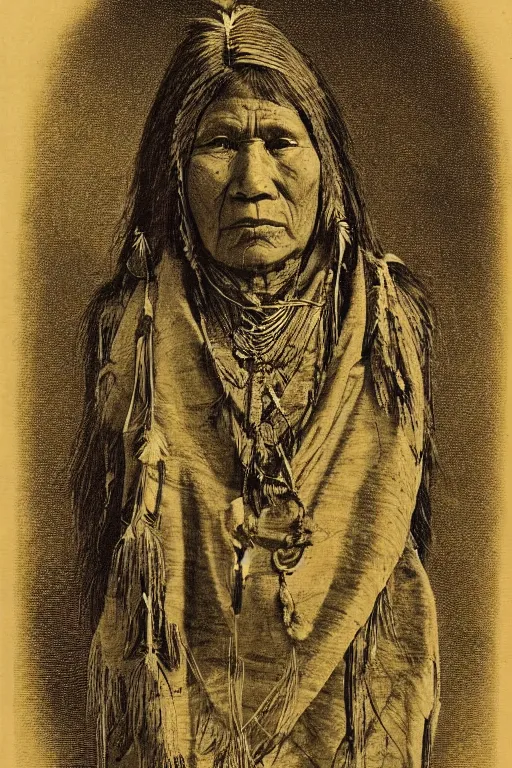 Prompt: “19th century wood engraving of a Native American indian woman, portrait, Nanye-hi Beloved Woman of the Cherokee, wearing a papoose showing pain and sadness on her face, ancient”