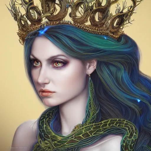 Image similar to detailed portrait of the queen of snakes, realism, pale blue, emerald, sapphire, wearing a crown of vines, nest of vipers, moonlit, dark fantasy, dramatic lighting, cgsociety, artstation