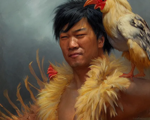 Image similar to closeup portrait of an asian scary man dressed as a chicken, highly detailed painting by gaston bussiere, craig mullins, j. c. leyendecker 8 k