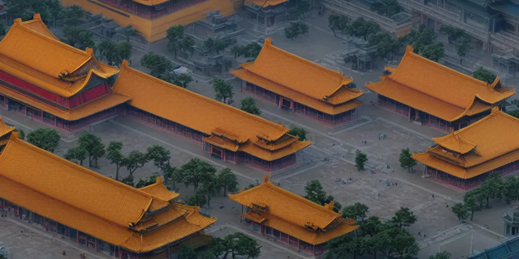 Prompt: a very high resolution image from a new movie, cyberpunk building and forbidden city, front view, photorealistic, photography, directed by wes anderson