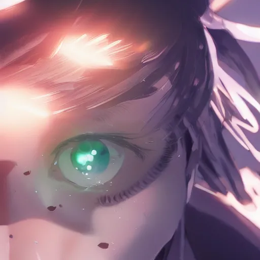 Image similar to insanely detailed. by wlop, ilya kuvshinov, krenz cushart, greg rutkowski, pixiv. zbrush sculpt, octane, maya, houdini, vfx. close - up gorgeous attractive cg anime male character with long hair, parted in the middle, with brilliant green glowing eyes. cinematic dramatic atmosphere, sharp focus, volumetric lighting.