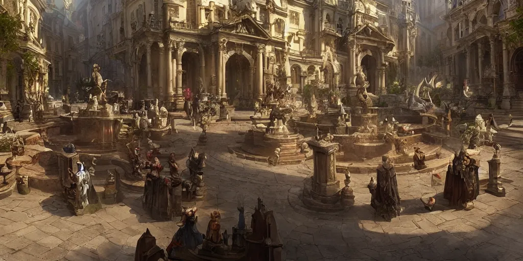 Prompt: fountains in the town square of the baroque era, magical clerics, staffs, books, choir, hearthstone art style, epic fantasy style art by Craig Mullins, fantasy epic digital art, epic fantasy card game art by Greg Rutkowski