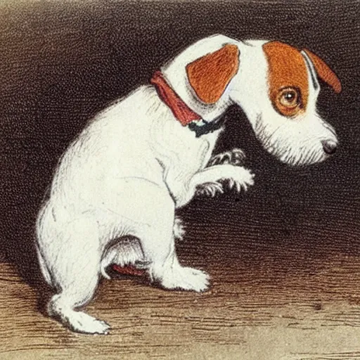 Image similar to closeup candid portrait of jack russel terrier crying, illustrated by peggy fortnum and beatrix potter and sir john tenniel