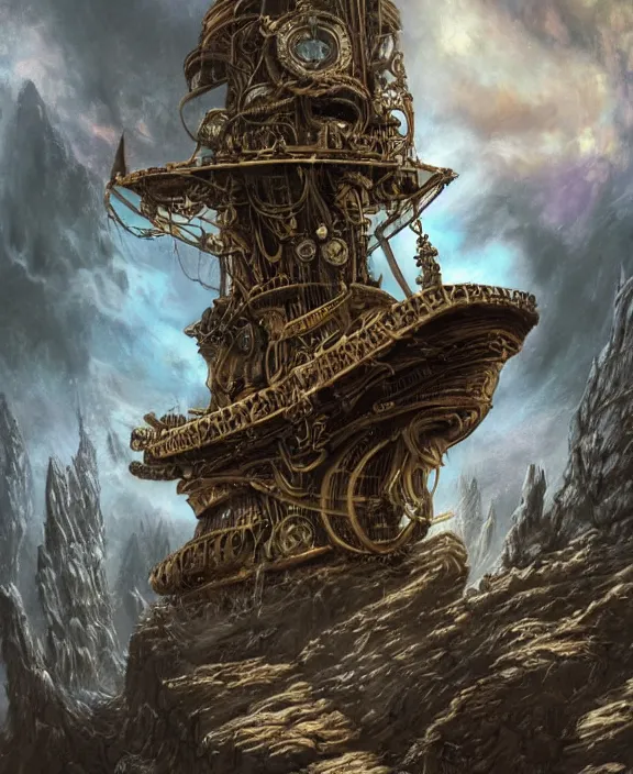 Image similar to an epic fantasy concept of a steampunk davy jones on the flying dutchman