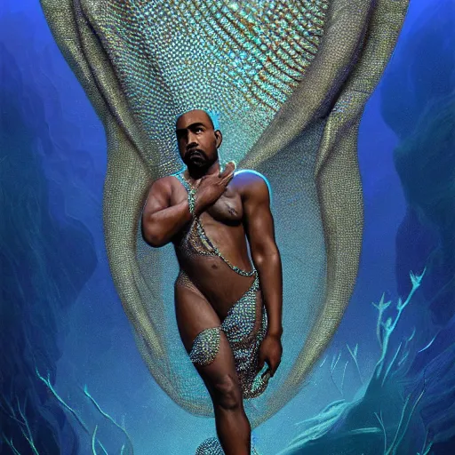 Image similar to kanye - west dressed like a fish, with shimmering scales as skin, swimming underwater!!!, intricate, extremely detailed, digital painting, artstation, concept art, smooth, sharp focus, illustration, ambient lighting, art by artgerm and greg rutkowski and alphonse mucha