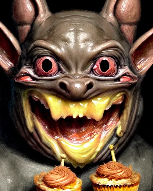 Image similar to closeup profile face portrait of a medieval gremlin eating cakes in the cathedral, beautiful face, hyper realistic, highly detailed, digital painting, artstation, illustration, concept art by hyung tae, frank frazetta, bosch, giger, digital paint, matte paint, washed colors, dark, gloomy, detailed and intricate environment