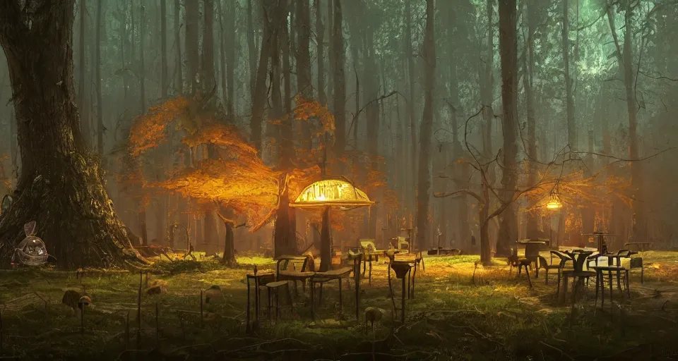 Prompt: A quiet tavern in the middle of a forgotten magical forest, large trees, mushrooms, atmospheric, rendered by simon stålenhag, rendered by Beeple, Makoto Shinkai, syd meade, environment concept, digital art, starwars, Gundam Style, unreal engine, 3 point perspective, WLOP, trending on artstation, low level, 4K UHD image, octane render,