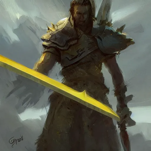 Image similar to yellow broad sword, giant sword, war blade weapon by greg rutkowski
