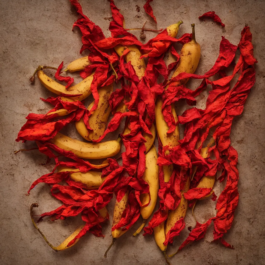 Image similar to fat banana in the shape of dried red pepper and potato flowers, closeup, hyper real, food photography, high quality