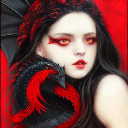 Image similar to Black dragon Kalameeth + Portrait beautiful face + Trending on Artstation + Incredible black and red gothic illustration + Exquisite detail, painterly