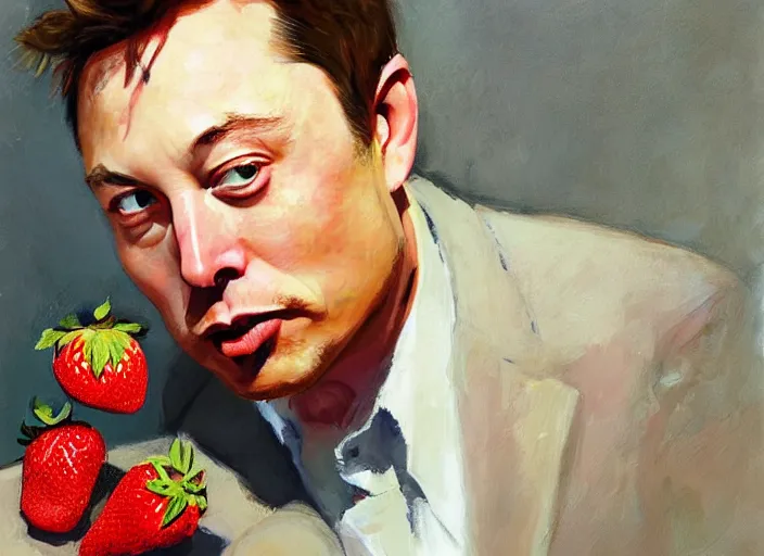 Prompt: a highly detailed beautiful portrait of elon musk with an strawberry, by gregory manchess, james gurney, james jean