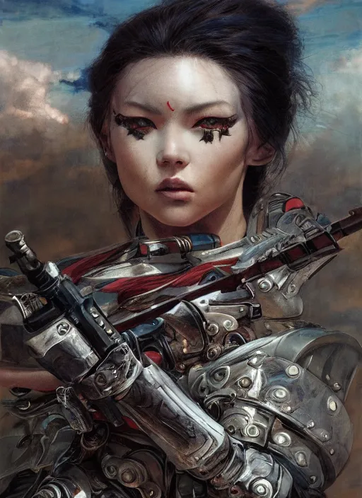 Prompt: symmetry!! closeup of a beautiful biblical diabolical samurai girl holding a rifle, cyborg armor, in clouds, cinematic studio light, windy, sunrise, by gerald brom, by mikhail vrubel, by peter elson, muted colors, extreme detail, trending on artstation, 8 k