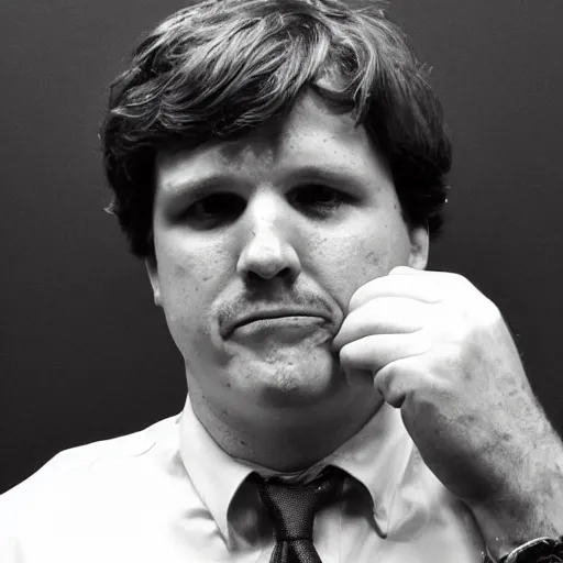 Image similar to black and white, mugshot, tucker carlson, crying like a baby