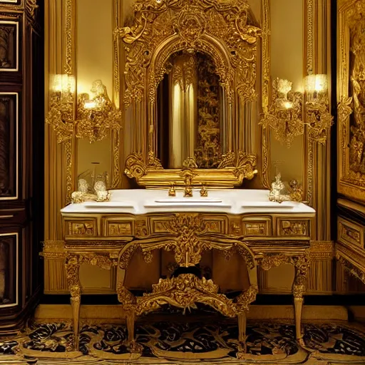 Prompt: baroque bathroom with gold toilet