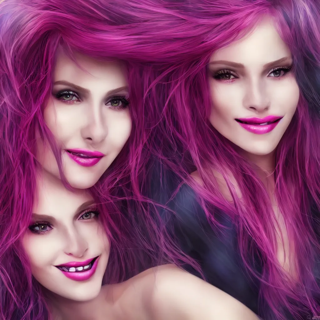 Prompt: ultra realistic portrait of a hot witch , colorful hair, pink lips, gorgeous smile, stunning, hottest, 8K resolution, deviantart,