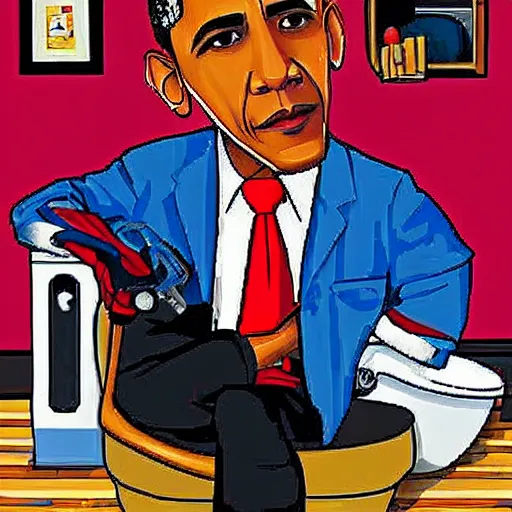 Image similar to obama the plumber, fixing a toilet, in the style of dave macdowell