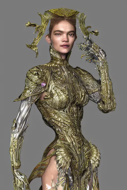 Image similar to a highly detailed 4 k render portrait of an alien goddess natalia vodianova in iris van herpen dress schiaparelli armor in diamonds and lots of jewelry in style of alphonse mucha trending on artstation made in unreal engine 4