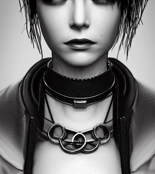 Prompt: detailed realistic female character cyberpunk wearing thick steel collar around neck, realistic, art, beautiful, 4K, collar, choker, collar around neck, punk, artstation, detailed, female, woman, choker, cyberpunk, neon, punk, collar, choker, collar around neck, thick collar, choker around neck,