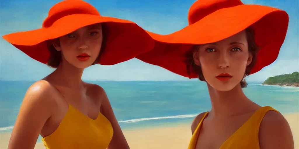 Image similar to beautiful oil matte portrait painting, young woman with red dress and mustard yellow summer hat at a beach on a sunny day, wonderful masterpiece highly detailed, beautiful cinematic light deep focus, elegant, digital painting, smooth, sharp focus, golden ratio, dramatic illumination, ultra realistic, 8 k, art by jimmy law