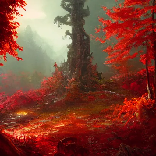 Image similar to red autumn forests with a single giant derelict copper warrior statue, fantasy concept art by tyler edlin, antoine blanchard, thomas cole