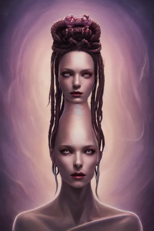 Image similar to portrait of an elegant alien queen with dreads snake hair, straight on portrait, by artgerm, tom bagshaw, gerald brom, vaporwave colors, lo fi colors, vaporwave, lo fi, 2 point studio lighting, dramatic lighting, 4 k, hd,