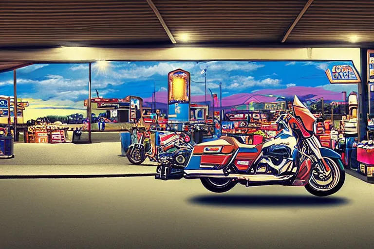 Prompt: harley davidson in a gas station at night, panoramic view, soft colors, pop art style