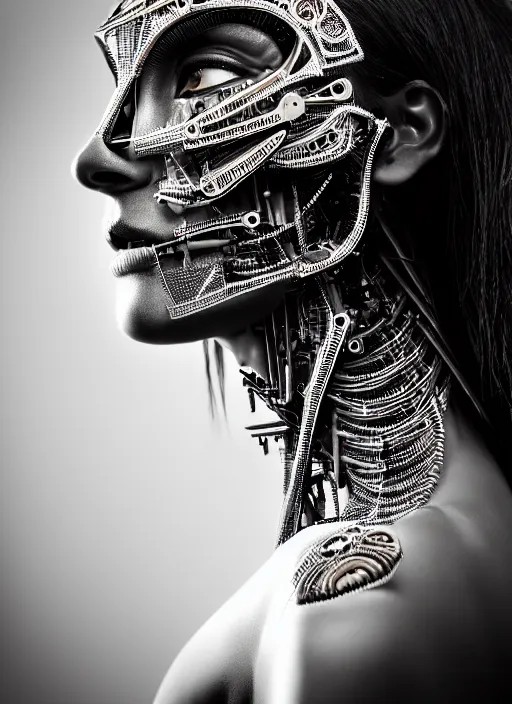 Image similar to a stunning young woman mixed crow mixed cyborg profile face, face is made intricate tribal bio - mechanical, editorial photography, bw, shot on 7 0 mm, depth of field, f / 2. 8, high contrast, 1 6 k, volumetric lighting, shiny, insanely detailed and intricate, hypermaximalist, elegant, ornate, hyper realistic, super detailed