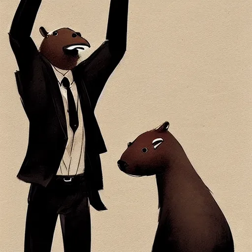 Image similar to an anthropomorphic! capybara using a black suit! by atey ghailan, by greg rutkowski, by greg tocchini, by james gilleard, by joe fenton, by kaethe butcher, grunge aesthetic!!!