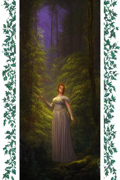 Prompt: portrait of the queen of night in a forest clearing at twilight| richly embroidered velvet| lush foliage | dramatic lighting | Maxfield Parrish and John Waterhouse |featured on Artstation |unreal engine