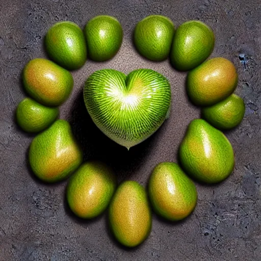 Image similar to 3d render of a human heart made of kiwifruit flesh. 4k. intricate. Trending on artgerm and artstation. Painted by greg rutkowski. Award winning photorealistic digital art