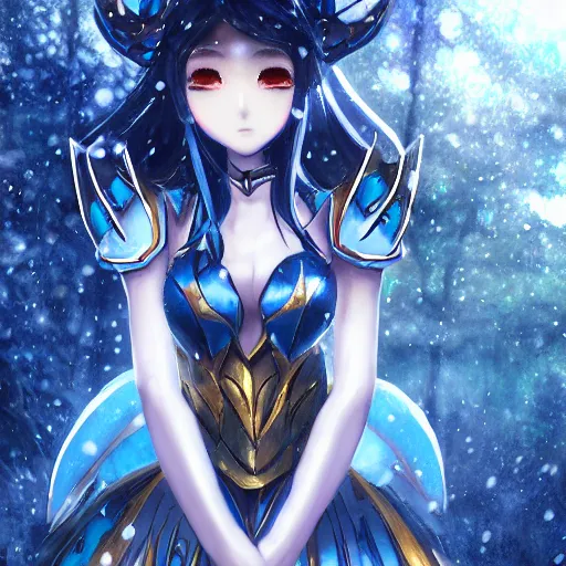 Prompt: portrait focus of knight beautiful 3D anime girl, water armor wearing, dark forest background, snowing, bokeh, inspired by Masami Kurumada, digital painting, high contrast, unreal engine render, volumetric lighting, high détail