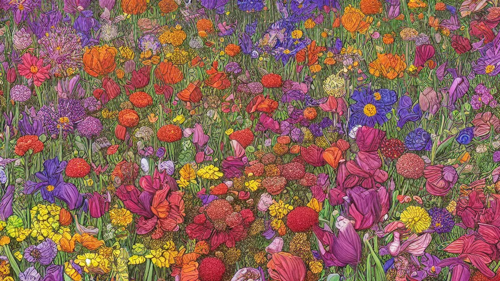 Image similar to highly detailed illustration of an explosion of all known species of flowers by moebius, 4 k resolution, realistic colors