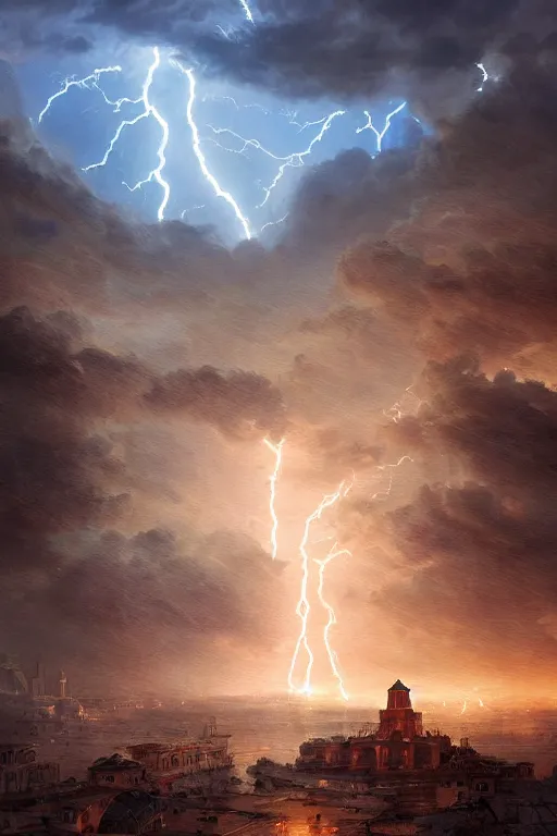 Image similar to ancient city of troy under a sky full of lightning, powerfull, intricate, elegant, volumetric lighting, digital painting, highly detailed, artstation, sharp focus, illustration, concept art, ruan jia, steve mccurry