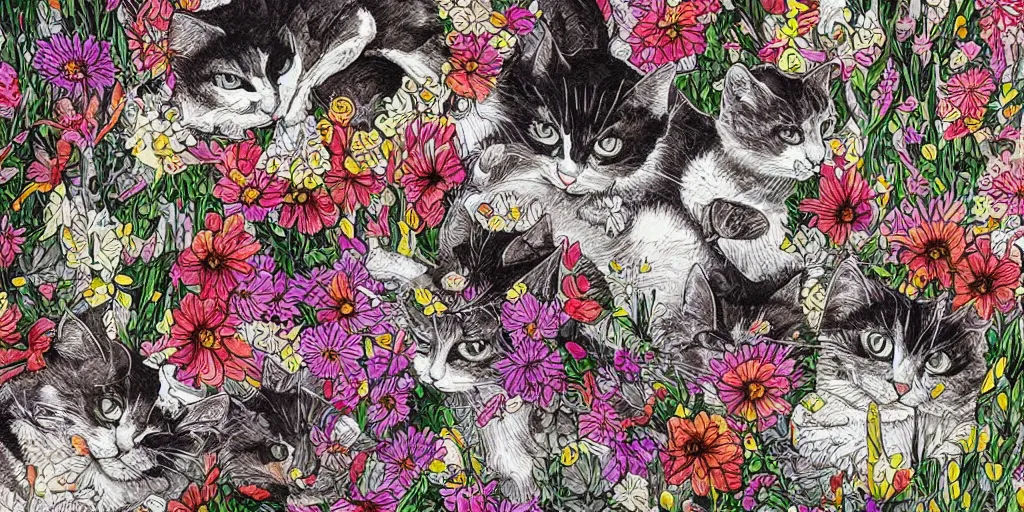 Image similar to detailed intricate ink illustration, a group of cat playing in a garden of flowers, a mix media painting by Sandra Chevrier