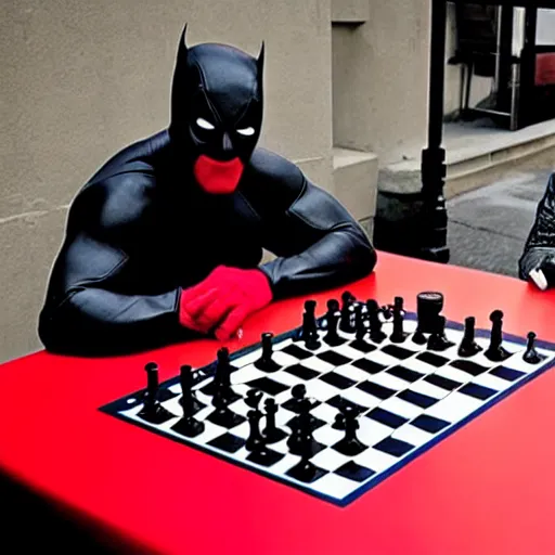 Prompt: daredevil and deadpool sat by a chess table