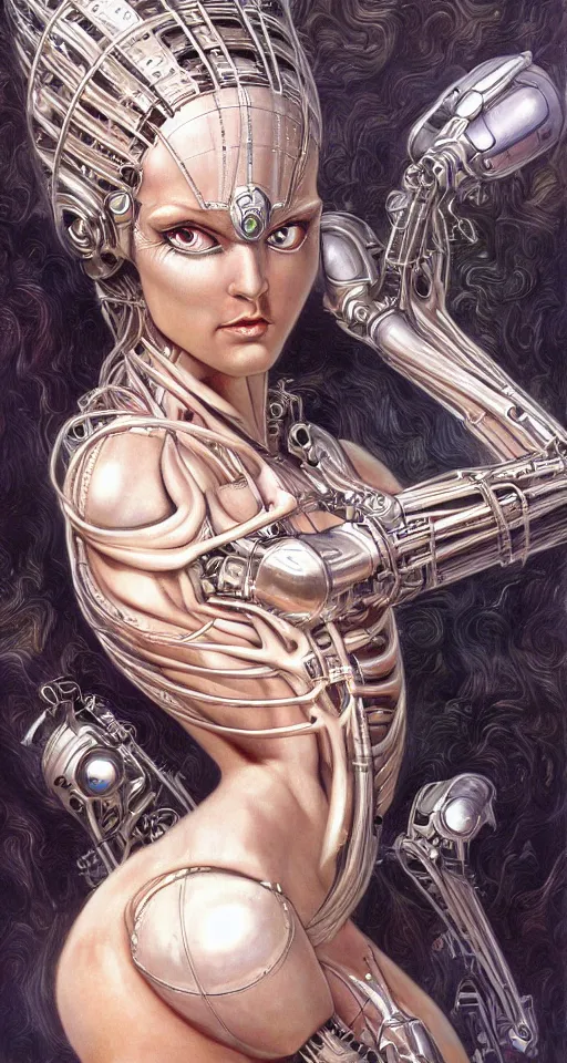 Image similar to a robotic goddess with transparent milky white skin, highly detailed, digital painting, smooth, sharp, beautiful female, expressive eyes, highly intricate, art by Boris Vallejo and H.R. Giger