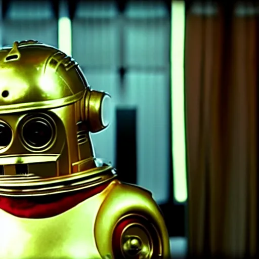 Image similar to mr. bean as c 3 po from star wars. movie still. cinematic lighting.