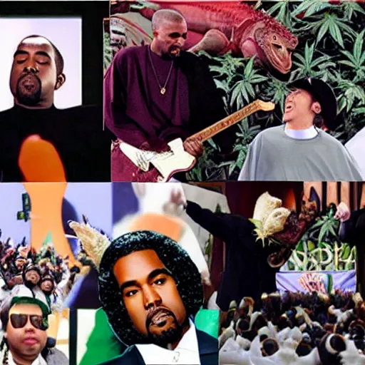 Prompt: Cannabis pope Kanye West inauguration ceremony iguana mukbang Japanese live broadcast 2005