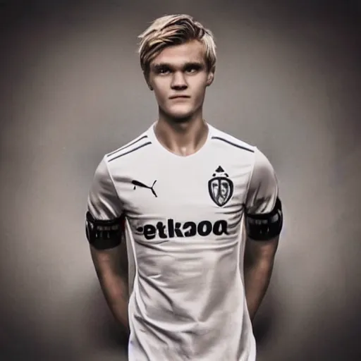 Prompt: a realistic detailed photo of a guy who is an attractive humanoid who is half robot and half humanoid, who is a male android, soccer player martin ødegaard, shiny skin, posing like a statue, blank stare, in a living room, on display, showing off his muscles, with a twin
