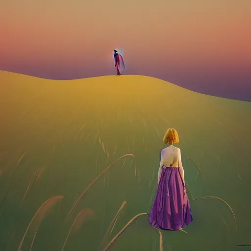 Image similar to portrait, giant purple dahlia flower head, woman between dunes, surreal photography, sunrise, blue sky, dramatic light, impressionist painting, digital painting, artstation, simon stalenhag