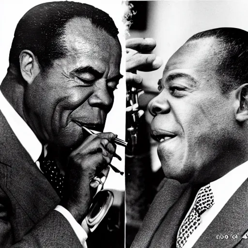 Image similar to richard nixon and louis armstrong smoking marijuana, photography, black and white, 8 k, crisp, highly detailed, high quality, high resolution