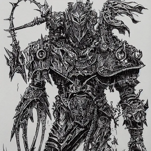 Image similar to black micron pen illustration, The Chaos Knight by Ian Miller, white background, artstation, inktober