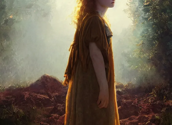 Image similar to sadie sink the real god, watching the earth. epic cinematic hyperrealism masterpiece. realistic poster with shaded lighting by craig mallismo, artgerm, jeremy lipkin and michael garmash, unreal engine, radiant light, detailed and complex environment, octane photoreal 3 d render, art station trends