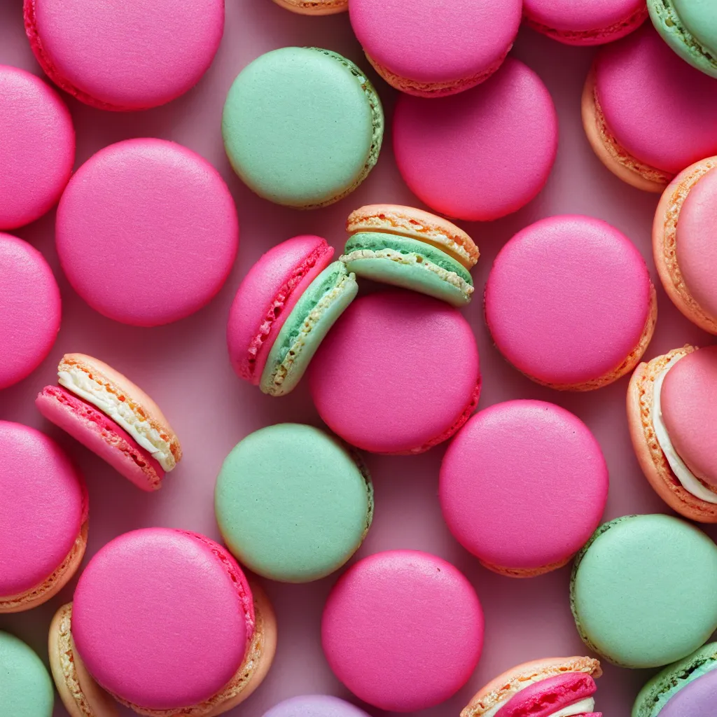 Image similar to top-down view of macarons on top of a pink surface, 8k, high detail, photorealistic, proper shading