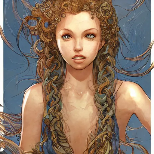 Prompt: character portrait of the mermaid in Atlantis, color page, 4K, tone mapping, doll, Akihiko Yoshida, James_Jean_Andrei_Riabovitchev_Marc_Simonetti, Yoshitaka Amano, digital illustration, braided hair, ringlet, curls