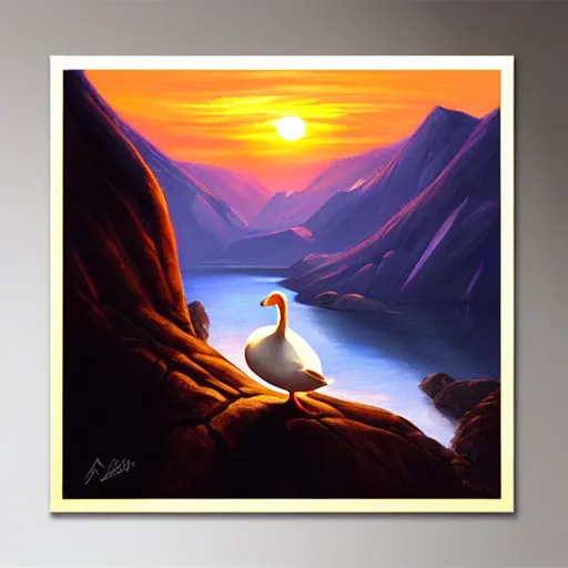 Prompt: extremely beautiful painting of a white duck in a sunset on a mountain, dynamic composition, dramatic lighting, stylized portrait, painting by artgerm, dungeons and dragons, visible brush strokes, trending golden color scheme