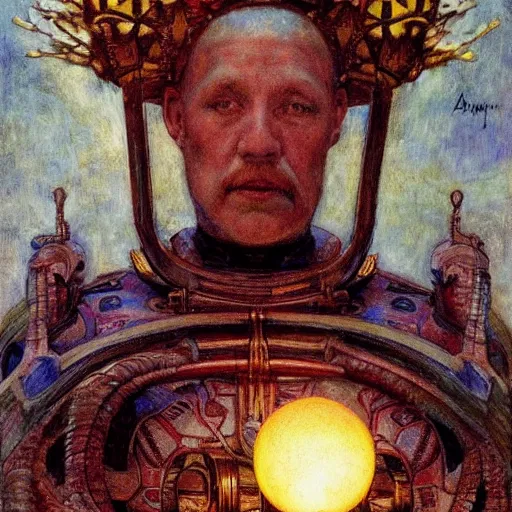 Prompt: the robot king of dawn with his lantern and crown, by Annie Swynnerton and Diego Rivera , symbolist, dramatic lighting, elaborate geometric ornament, Art Brut, soft cool colors,smooth, sharp focus, extremely detailed, Adolf Wölfli and Donato Giancola